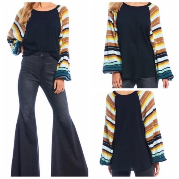 🌈NWT🌈 FP Black Rainbow Stripe Balloon Sleeve Top - Picture 14 of 15